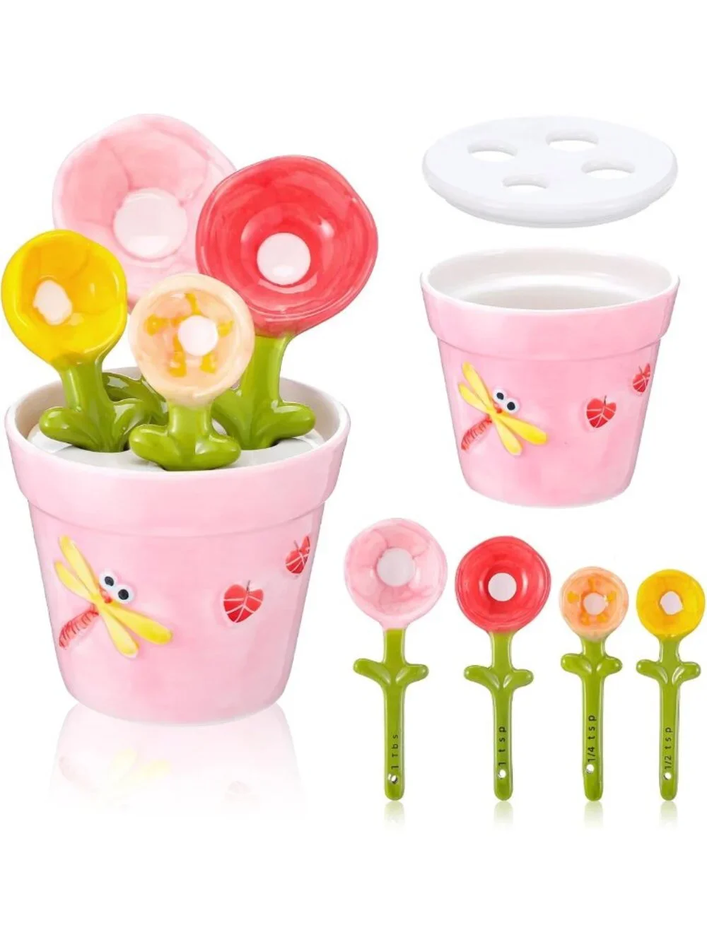 Cute Flower Measuring Spoons Set with Holder - Ceramic Baking Tools for Dry